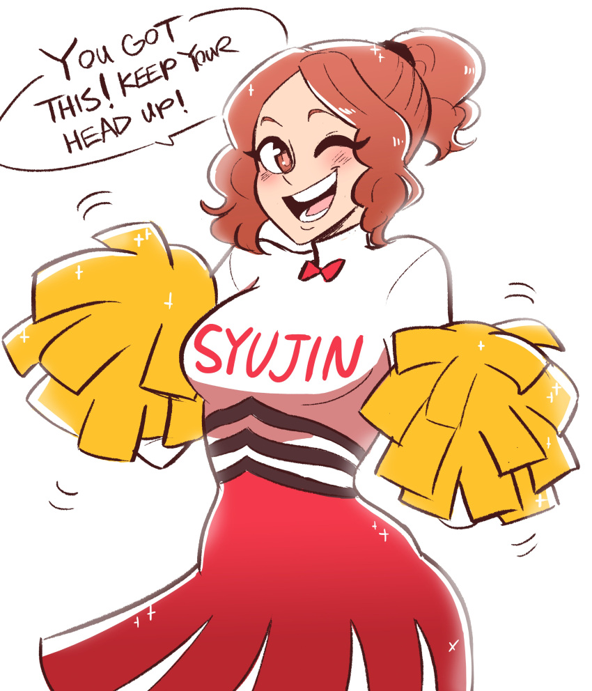 ;d absurdres alternate_costume alternate_hairstyle bow bowtie breasts cheering cheerleader english_text eyelashes highres large_breasts looking_at_viewer official_alternate_costume okumura_haru one_eye_closed open_mouth persona persona_5 pom_poms scruffyturtles skirt smile speech_bubble