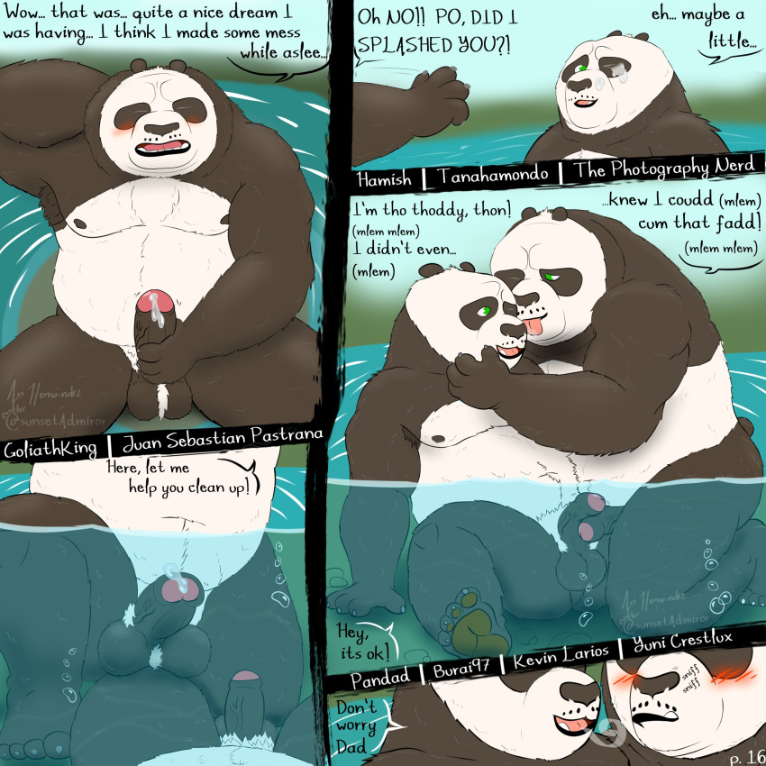 2021 anthro anthro_on_anthro ari_guardian balls black_body black_fur black_nose blush bodily_fluids comic cum cum_on_face dialogue dreamworks duo english_text erection eyes_closed father father_and_child father_and_son fur genital_fluids genitals giant_panda hi_res humanoid_genitalia humanoid_hands humanoid_penis incest_(lore) kung_fu_panda li_shan_(kung_fu_panda) licking male male/male mammal master_po_ping nipples outside overweight overweight_male parent parent_and_child penis son text tongue tongue_out ursid water white_body white_fur