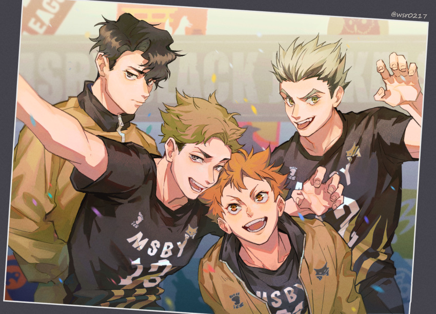 4boys :d bangs black_hair bokuto_koutarou confetti grey_hair haikyuu!! highres hinata_shouyou jacket looking_at_viewer male_focus miya_atsumu multiple_boys open_clothes open_jacket open_mouth orange_eyes orange_hair photo_(object) sakusa_kiyoomi short_hair smile sportswear teeth tongue tongue_out twitter_username volleyball_uniform wsr_cao_rong_rong