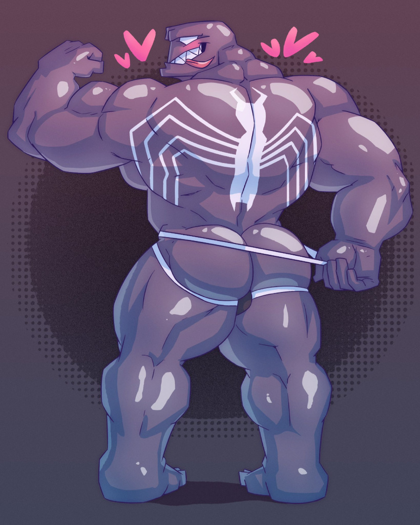 &lt;3 2021 alien back_muscles beefburner biceps big_butt big_muscles bite biting_own_tongue blush butt clothing clothing_pull flexing hi_res humanoid jockstrap jockstrap_pull looking_at_viewer looking_back looking_back_at_viewer male marvel muscular muscular_humanoid muscular_male not_furry rear_view self_bite simple_background smile solo standing symbiote tongue tongue_bite tongue_out underwear underwear_pull venom_(marvel) white_eyes