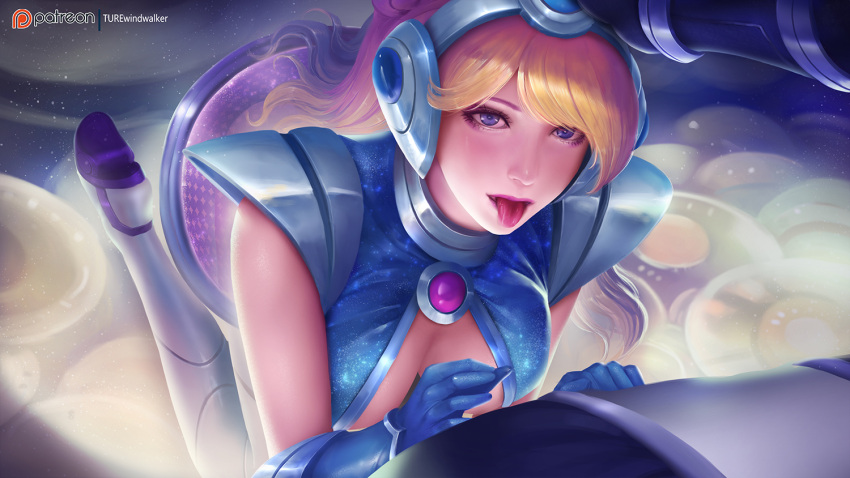 1boy 1girl blonde_hair blush fellatio_gesture hand_on_another's_head headgear headphones league_of_legends long_hair luxanna_crownguard open_mouth purple_eyes purple_lips saliva solo_focus space_groove_lux tongue tongue_out turewindwalker