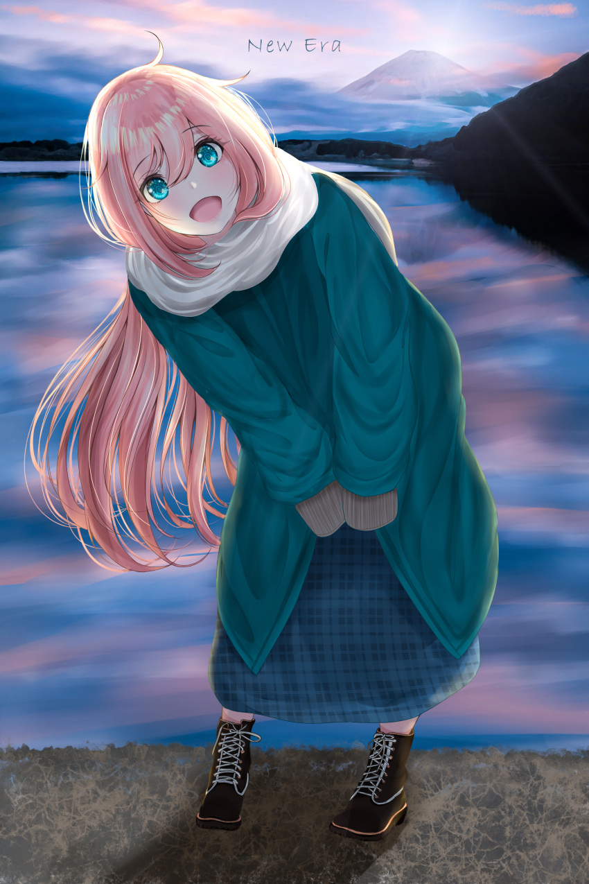 1girl :d absurdres ahoge aqua_coat aqua_eyes aqua_skirt black_footwear blush boots bracketarrow_(1326179361) cloud cloudy_sky commentary_request day english_text grey_scarf highres kagamihara_nadeshiko leaning_to_the_side long_coat long_hair long_skirt looking_at_viewer morning mount_fuji mountain mountaintop open_mouth pink_cloud pink_hair pink_lips plaid plaid_skirt scarf scenery shiny shiny_hair skirt sky sleeves_past_fingers sleeves_past_wrists smile solo standing very_long_hair winter yurucamp