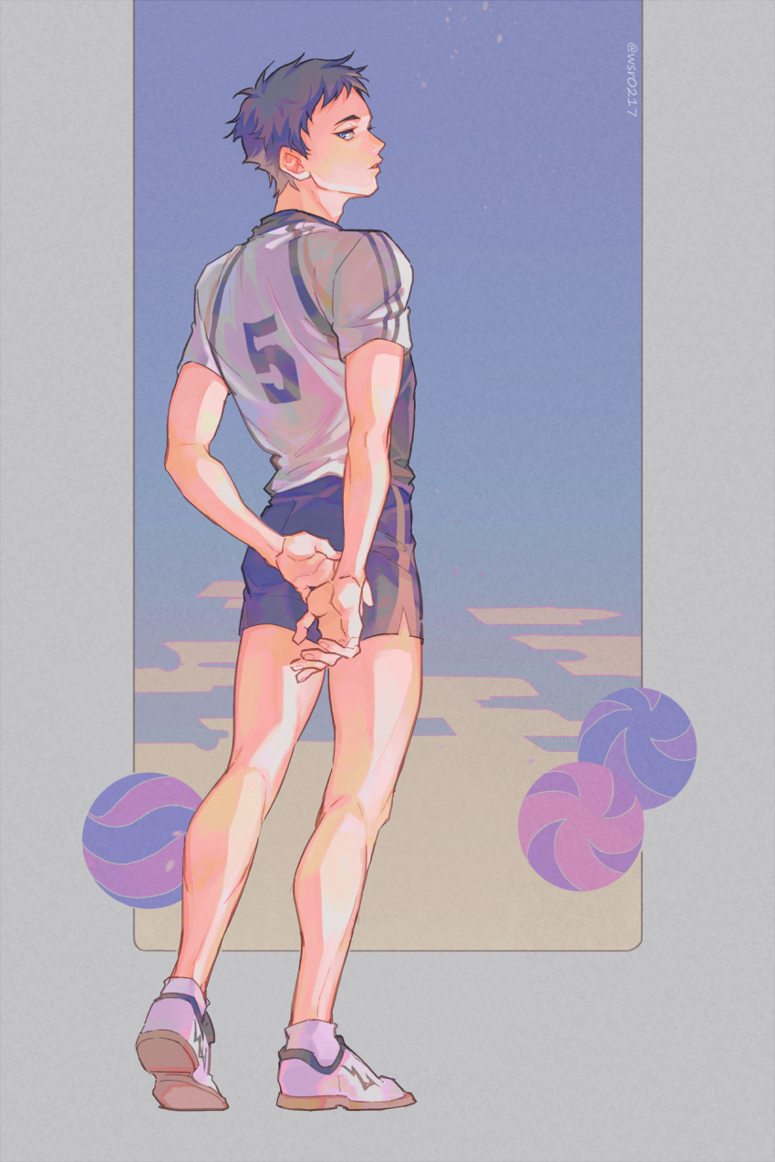 1boy akaashi_keiji ball bangs full_body grey_eyes grey_hair haikyuu!! highres looking_at_viewer looking_back male_focus profile shoes short_hair simple_background sneakers sportswear standing twitter_username volleyball_uniform wsr_cao_rong_rong