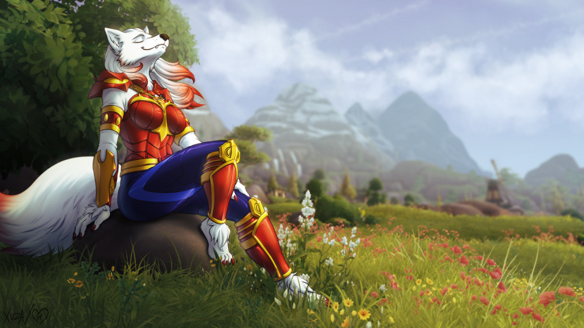 2019 anthro armor barefoot canid canine canis clothed clothing cloud content cute_fangs detailed_background eyes_closed feet female flower fur hair howlite mammal mountain outside plant rock sky smile solo tree white_body white_fur white_hair wind windmill wolf