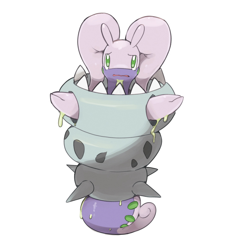 2021 absurd_res alpha_channel ambiguous/ambiguous ambiguous_gender dodudoru duo feral feral_on_feral front_view goodra green_eyes hi_res nintendo pok&eacute;mon pok&eacute;mon_(species) purple_body shellder_(slowbro) simple_background soft_vore transparent_background video_games vore worried worried_expression