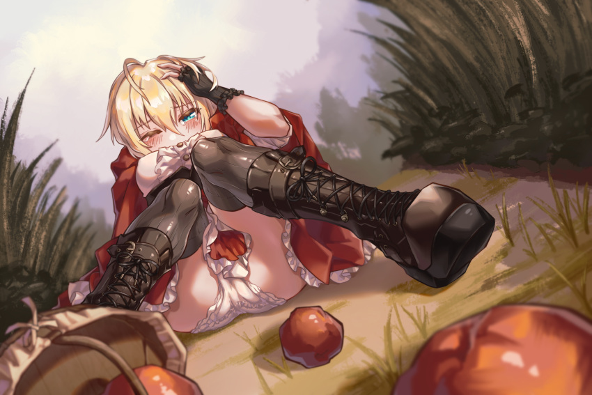 1girl absurdres ahoge apple basket blonde_hair blue_eyes blush boots cross-laced_footwear dress eyebrows_visible_through_hair fingerless_gloves food frilled_dress frills fruit gloves grass guanhe hair_between_eyes highres huge_filesize knee_boots lace-up_boots little_red_riding_hood little_red_riding_hood_(grimm) looking_at_viewer one_eye_closed panties red_dress sitting solo thighhighs thighhighs_under_boots underwear