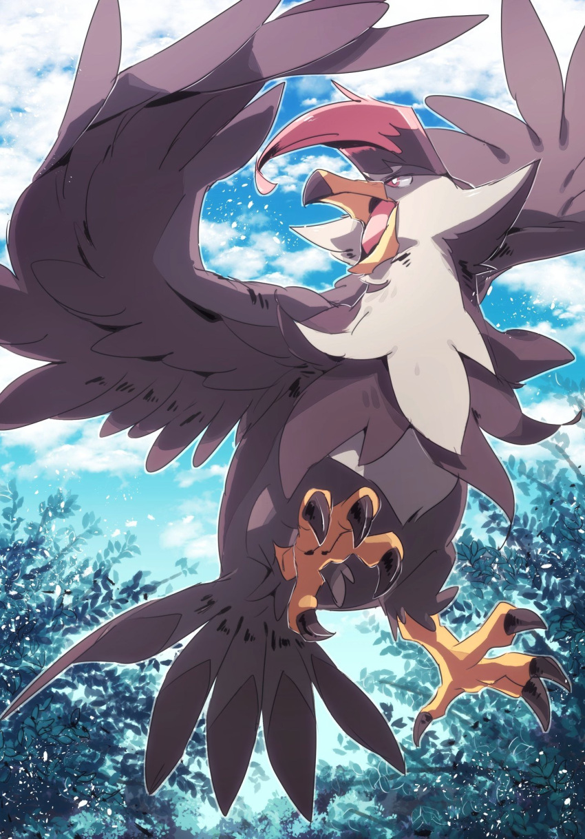45_(maruyaki45) bird bright_pupils brown_eyes cloud day from_below gen_4_pokemon highres looking_back no_humans open_mouth outdoors pokemon pokemon_(creature) sky solo staraptor symbol_commentary talons tongue white_pupils