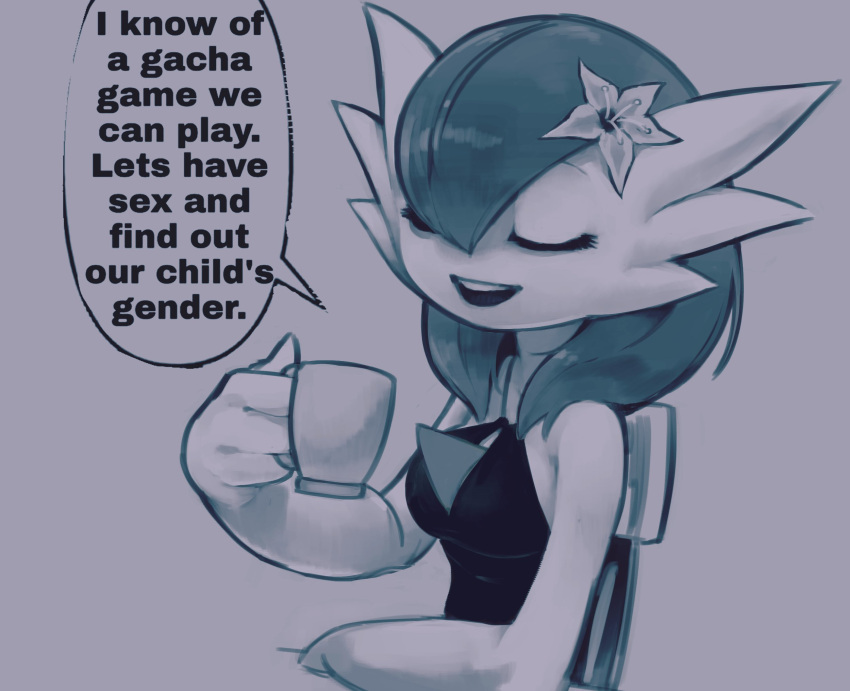 accessory black_clothing black_dress breasts chair clothing cup dialogue dirty_talk dress eyelashes eyes_closed female flower flower_in_hair furniture gardevoir green_body green_hair hair hair_accessory hi_res holding_cup holding_object humanoid humor impregnation_request meme napalm_express nintendo not_furry open_mouth plant pok&eacute;mon pok&eacute;mon_(species) polyvoir restricted_palette simple_background sitting smile solo speech_bubble tea_cup template text video_games violet_(polyvoir) white_body