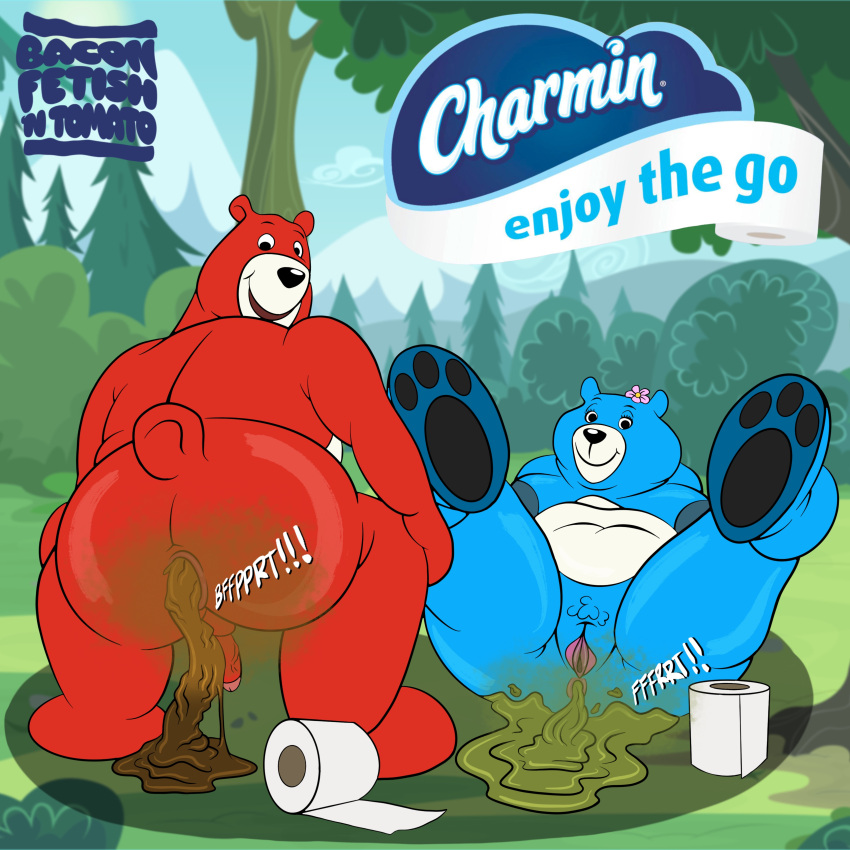 3_toes absurd_res accessory advertising_mascot anthro anus areola baconfetish'ntomato balls belly big_belly big_breasts biped blue_body blue_fur bodily_fluids breasts butt charmin charmin_bear charmin_ultra_soft_mom charmin_ultra_strong_dad crouching digital_media_(artwork) duo feces feet female flower flower_in_hair forest forest_background fur genitals hair hair_accessory hi_res humanoid_genitalia laying_on_ground logo looking_at_viewer lying male male/female mammal mascot mature_female nature nature_background navel nipples nude on_back onomatopoeia open_mouth overweight overweight_anthro overweight_male pawpads penis plant pooping pooping_on_floor pussy red_body red_fur scat smile sound_effects text thick_thighs toes toilet_paper tree ursid ursine wide_hips