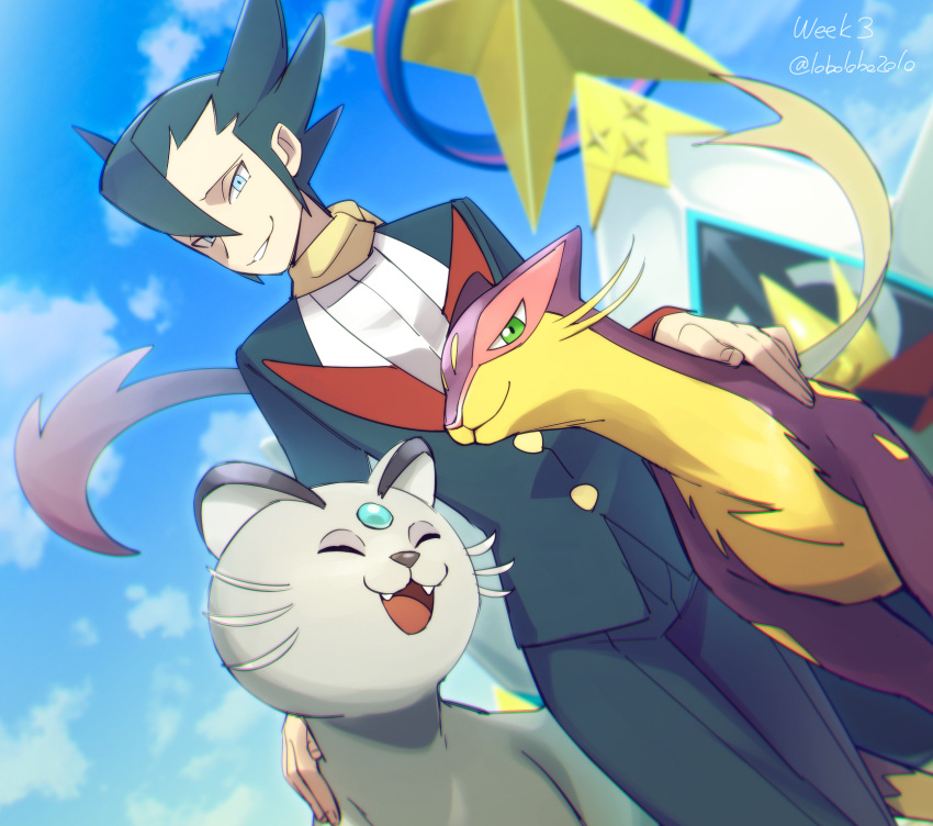 1boy alolan_form alolan_persian artist_name bangs blue_eyes blurry blurry_background buttons cloud commentary_request day elite_four floating_scarf from_below gen_5_pokemon gen_7_pokemon grimsley_(pokemon) hair_between_eyes highres jacket liepard looking_at_viewer male_focus momoji_(lobolobo2010) outdoors pants parted_lips pokemon pokemon_(creature) pokemon_(game) pokemon_bw pokemon_masters_ex scarf sky smile spiked_hair standing yellow_scarf