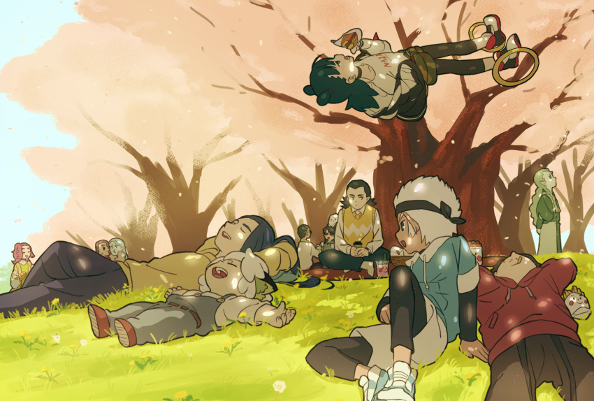 1girl 6+boys belt black_hair character_request closed_eyes collared_shirt diting_(the_legend_of_luoxiaohei) eating flying food grass hamburger headband highres luoxiaohei luozhu_(the_legend_of_luoxiaohei) lying multiple_boys nezha_(the_legend_of_luoxiaohei) on_back open_mouth overalls pan_jing_(the_legend_of_luoxiaohei) profile shirt shoes short_hair smile the_legend_of_luo_xiaohei tree twin-mix white_hair white_shirt wuxian_(the_legend_of_luoxiaohei) xuhuai_(the_legend_of_luoxiaohei) yellow_sweater_vest zi_luolan_(the_legend_of_luoxiaohei)