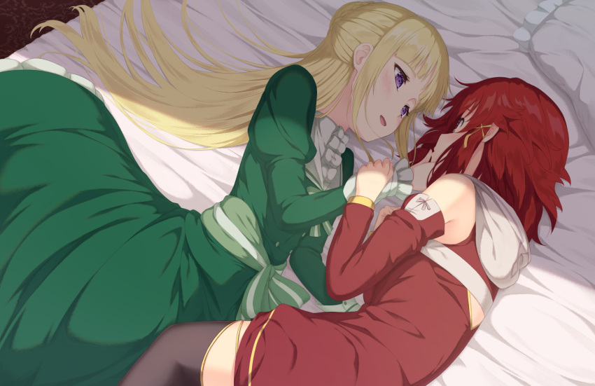 2girls bed bedroom blonde_hair commentary couple dress eye_contact finger_to_another's_mouth green_dress happy highres indoors izetta light_blush long_hair looking_at_another multiple_girls nuenue on_bed ortfine_fredericka_von_eylstadt pillow purple_eyes red_hair short_hair shuumatsu_no_izetta smile thighhighs yuri