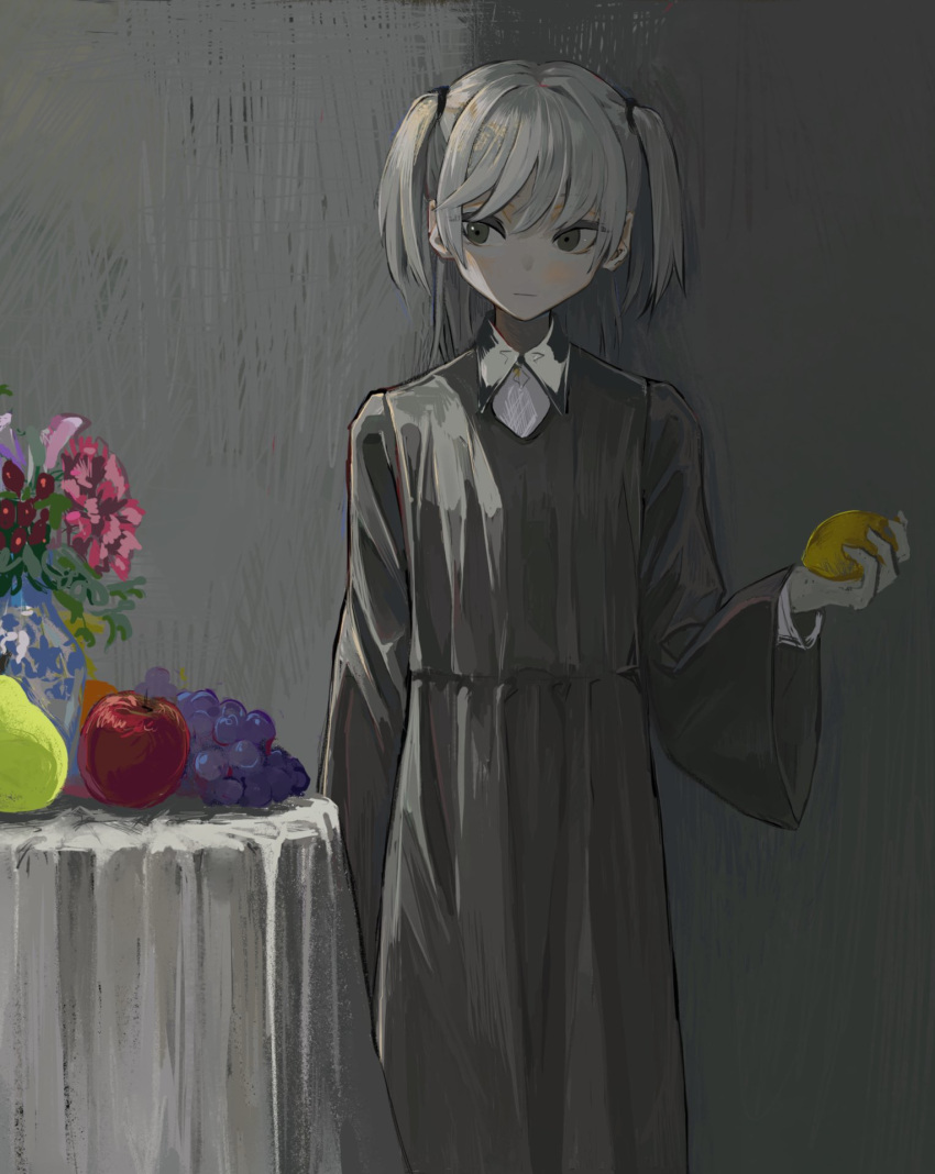 1girl apple black_dress black_eyes collared_shirt dress expressionless flower flower_pot food fruit grapes grey_background highres holding holding_food holding_fruit lemon looking_to_the_side original pear shadow shirt skkc_128 solo table two_side_up white_hair white_shirt