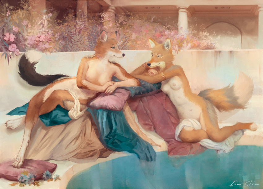 2020 anthro biped black_nose breasts brown_body brown_fur canid canine canis convenient_censorship coyote detailed_background duo female flower fur hi_res ira-arn jackal lying mammal multi_nipple nipples nude on_side plant reclining riley_(phazon-harbinger) tasteful_nudity water whisper_(gabrielofcreosha)