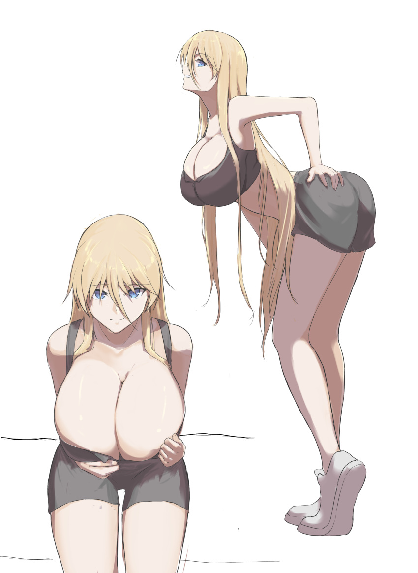 1girl absurdres ass azur_lane bismarck_(azur_lane) black_shorts black_tank_top blonde_hair blue_eyes breasts cleavage closed_mouth collarbone eyebrows_visible_through_hair hand_on_ass hand_on_breasts highres huge_breasts large_breasts lom_(lom_lom_8) long_hair looking_at_viewer shoes shorts smile sneakers solo tank_top white_background white_footwear