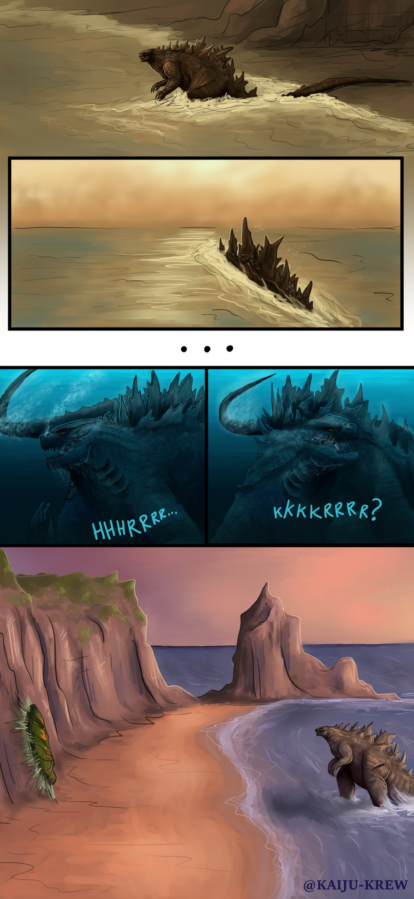 2021 absurd_res beach black_body cliff comic digital_media_(artwork) egg godzilla godzilla_(series) hi_res kaiju kaiju-krew mountain sea seaside solo toho underwater water