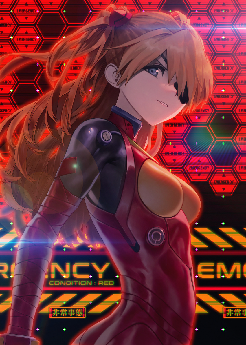 1girl absurdres blue_eyes bodysuit breasts breasts_apart brown_hair eyepatch floating_hair headgear highres huge_filesize lens_flare long_hair looking_at_viewer looking_to_the_side medium_breasts mildo_(asystole92) neon_genesis_evangelion parted_lips plugsuit rebuild_of_evangelion red_bodysuit shikinami_asuka_langley shiny shiny_hair solo souryuu_asuka_langley standing twintails very_long_hair