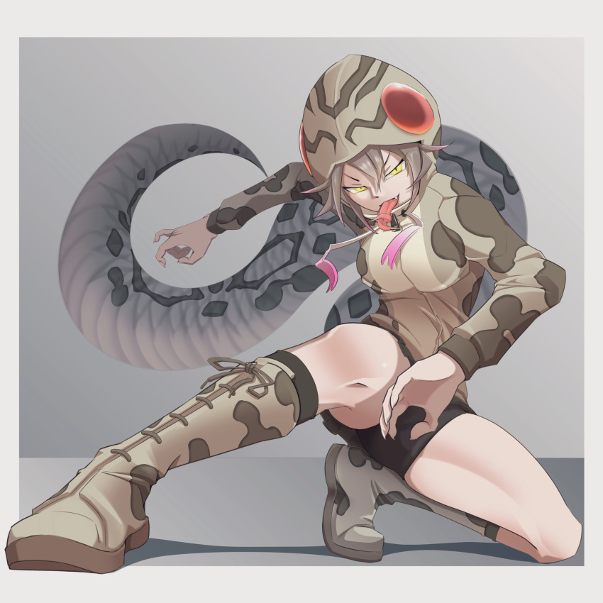 1girl animal_print arm_up bike_shorts boots border drawstring evil_smile fang fighting_stance forked_tongue full_body grey_hair habu_(kemono_friends) highres hood hood_up hooded_jacket jacket kemono_friends long_sleeves long_tongue microskirt multicolored_hair one_knee open_mouth pose print_footwear print_jacket purple_hair shorts shorts_under_skirt skirt slit_pupils smile snake_tail snakeskin_print solo spread_legs tail tongue tongue_out twisted_torso two-tone_hair v-shaped_eyebrows white_border yellow_eyes yongo_ichifu