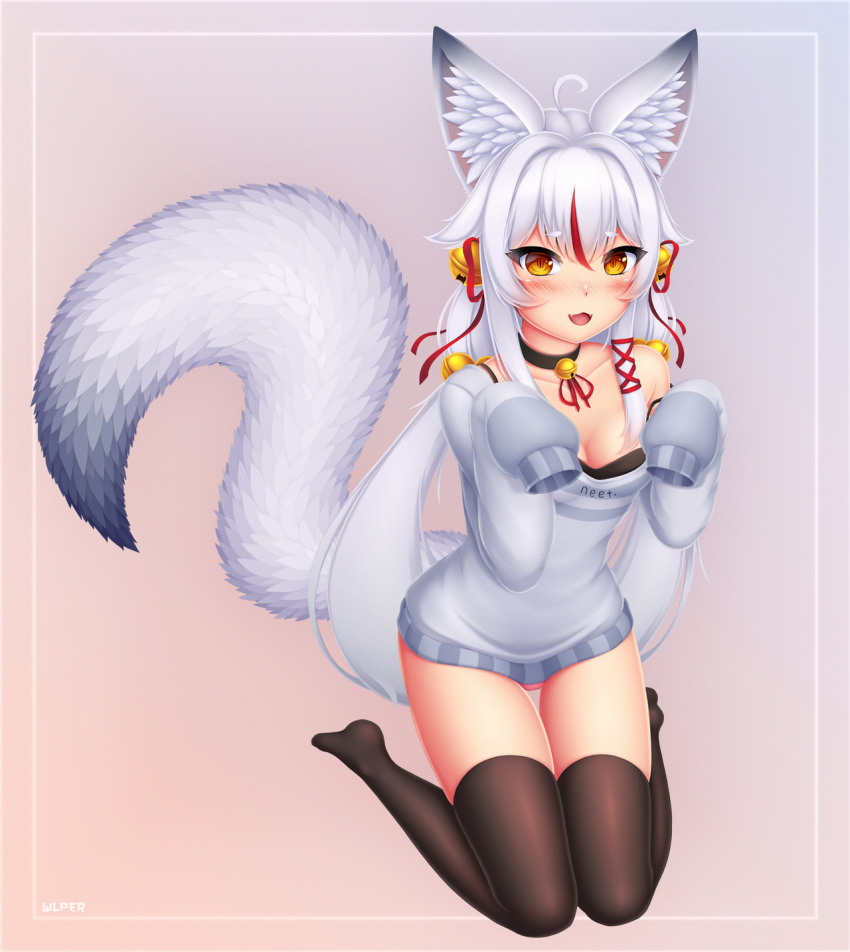 1girl :d ahoge animal_ear_fluff animal_ears bangs bell black_choker black_legwear blush breasts choker cleavage commentary english_commentary fangs fox_ears fox_girl fox_tail full_body hair_bell hair_ornament highres indie_virtual_youtuber jingle_bell kamiko_kana long_hair long_sleeves looking_at_viewer low_twintails medium_breasts multicolored_hair neck_bell no_pants no_shoes off_shoulder open_mouth orange_eyes panties panty_peek pink_panties red_hair simple_background single_bare_shoulder sitting sleeves_past_fingers sleeves_past_wrists smile solo streaked_hair sweater tail thigh_gap thighhighs twintails two-tone_hair underwear very_long_hair virtual_youtuber white_hair white_sweater wlper