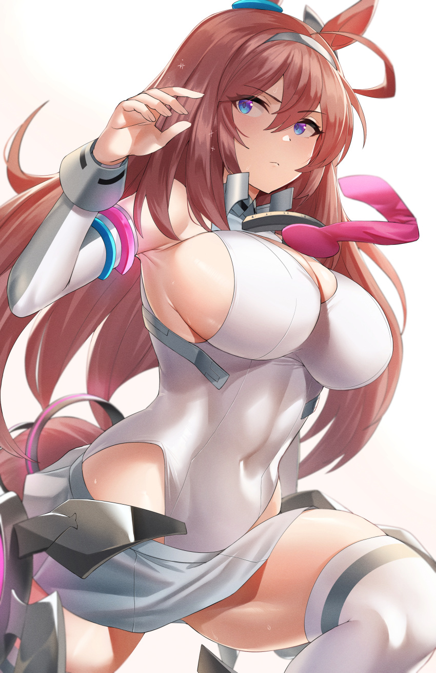 1girl absurdres ahoge animal_ears bangs bare_shoulders blue_eyes blush breasts brown_hair cleavage covered_navel grey_hairband hairband hands_up highleg highleg_leotard highres horse_ears horse_girl horse_tail hotate-chan large_breasts leotard long_hair looking_at_viewer lowleg lowleg_skirt mihono_bourbon_(umamusume) miniskirt sideboob skirt tail thighhighs thighs umamusume white_legwear white_leotard