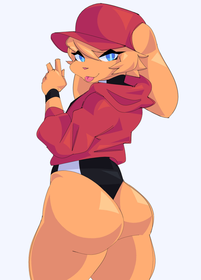 absurd_res andromorph anthro baseball_cap big_butt black_clothing blonde_hair blue_eyes butt clothed clothing colored cytrusawa eyelashes fur furgonomics girly hair hat headgear headwear hi_res hoodie intersex lagomorph leporid long_ears long_sleeves looking_at_viewer looking_back looking_back_at_viewer mammal narrowed_eyes one-piece_swimsuit peace_symbol pink_nose pink_tongue playful rabbit rear_view red_clothing red_hat red_headwear short_hair simple_background skimpy small_nose small_waist solo swimwear thick_thighs tongue tongue_out topwear visor wide_hips wristband yellow_body yellow_fur