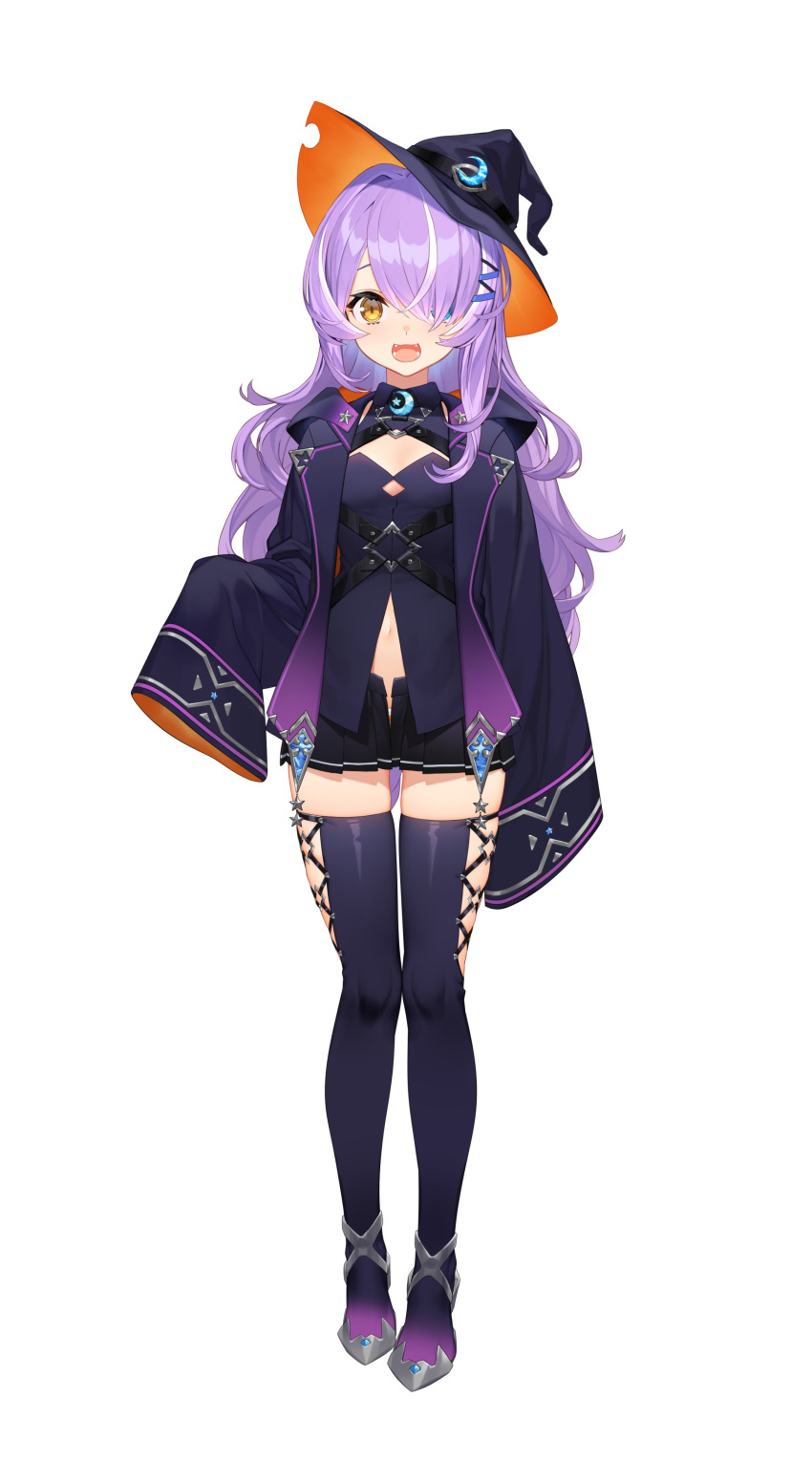 1girl :d absurdres black_footwear blue_eyes boots breasts fangs full_body hair_ornament hair_over_one_eye hairclip hat heterochromia highres indie_virtual_youtuber izumi_sai long_hair marl_iwakka miniskirt multicolored_hair open_mouth panties panty_peek pleated_skirt purple_hair simple_background skirt sleeves_past_wrists small_breasts smile solo standing streaked_hair striped striped_panties tachi-e thigh_boots thighhighs underwear very_long_hair virtual_youtuber white_background witch_hat yellow_eyes