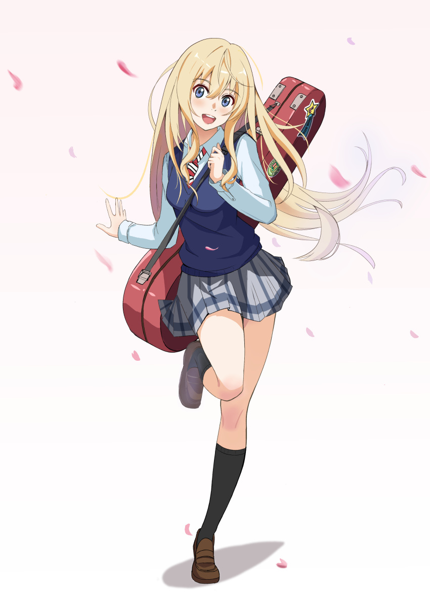 1girl :d absurdres bangs black_legwear blonde_hair blue_eyes blue_shirt blue_sweater brown_footwear collared_shirt eyebrows_visible_through_hair floating_hair full_body grey_skirt hair_between_eyes highres kneehighs loafers long_hair long_sleeves looking_at_viewer miniskirt miyazono_kawori open_mouth pleated_skirt school_uniform shigatsu_wa_kimi_no_uso shiny shiny_hair shirt shoes sing_(pixiv65232711) skirt smile solo standing standing_on_one_leg straight_hair sweater sweater_vest very_long_hair violin_case white_background wing_collar