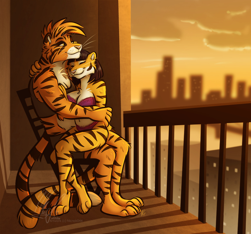 anthro apartment arm_tuft balcony bra breasts chest_tuft city city_background cityscape cleavage clothed clothing cuddling duo elbow_tufts eyes_closed felid feline felis female female/female fur knee_tuft leg_tuft lingerie mammal nicnak044 on_lap pantherine panties romantic_couple sitting size_difference smile striped_body striped_fur stripes sunset tiger tuft underwear yellow_eyes