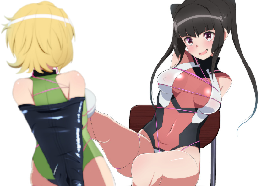 2girls absurdres akatsuki_kirika barefoot bdsm black_hair blonde_hair blush bondage bound bound_arms breasts chair commentary covered_nipples foot_on_breast highres latex_bodysuit long_hair medium_breasts multiple_girls nanase_main navel open_mouth purple_eyes senki_zesshou_symphogear short_hair simple_background sitting smile solo_focus tied_up toes tsukuyomi_shirabe twintails white_background yo-yo yuri