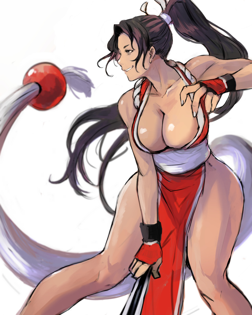 1girl 6maker absurdres breasts brown_hair closed_fan fan fatal_fury folding_fan high_ponytail highres holding holding_fan large_breasts muscular muscular_female pelvic_curtain ponytail revealing_clothes shiranui_mai smile snk the_king_of_fighters thighs toned