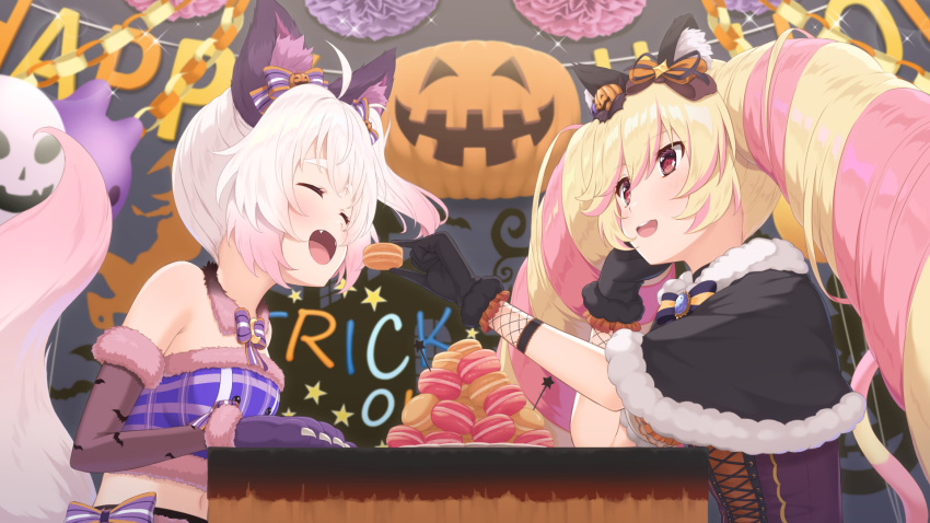 2girls animal_ears animal_print bat_print blonde_hair bow cat_ears cat_girl closed_eyes coat commentary corset drill_hair elbow_gloves fangs feeding food food_themed_hair_ornament fox_ears fox_girl fox_tail fur-trimmed_gloves fur-trimmed_tubetop fur_collar fur_trim gem gloves hair_bow hair_ornament halloween highres howan_(show_by_rock!!) light_blush long_hair looking_at_another macaron mashima_himeko_(show_by_rock!!) multicolored_hair multiple_girls nuenue open_mouth party pink_hair pumpkin_hair_ornament red_eyes shirt short_hair show_by_rock!! smile table tail upper_teeth very_long_hair white_shirt yuri