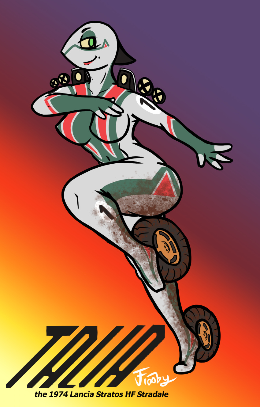 absurd_res animate_inanimate anthro athletic athletic_female athletic_humanoid beauty_mark breasts car digital_media_(artwork) dirty dirty_feet english_text female frooby green_body green_eyes headlights hi_res humanoid italian lancia lights lipstick living_machine living_vehicle logo looking_back machine makeup mole_(marking) mud muddy not_furry nude number red_body running simple_background smile solo stain tattoo tattoo_on_belly tattoo_on_chest tattoo_on_legs tattooed_arm text thick_thighs vehicle vehicle_humanoid wheels white_body