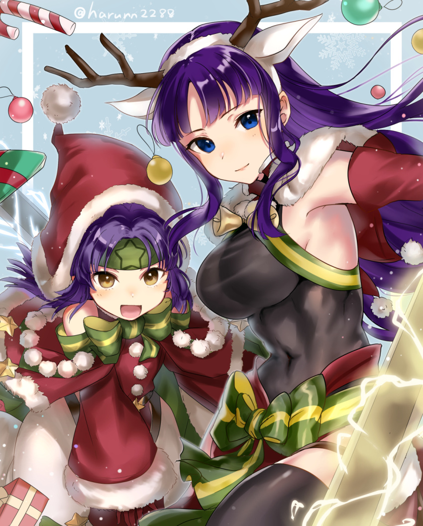 2girls :d abs alondite altina animal_ears antlers blue_background blue_eyes border breasts candy candy_cane christmas christmas_ornaments covered_navel deer_ears fake_antlers fire_emblem fire_emblem:_path_of_radiance fire_emblem:_radiant_dawn fire_emblem_heroes food glowing glowing_weapon haru_(nakajou-28) headband highres huge_weapon large_breasts long_hair long_sleeves multiple_girls open_mouth purple_hair ragnell reindeer_antlers sanaki_kirsch_altina shirt sleeveless smile tight tight_shirt twitter_username weapon white_border yellow_eyes