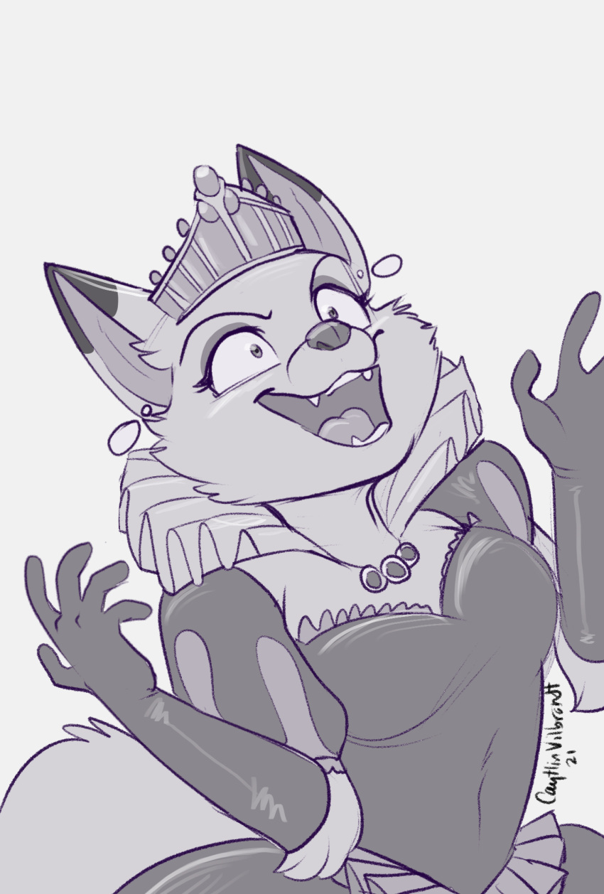 anthro canid canine clothed clothing crown cute_fangs dress ear_piercing ear_ring evil_laugh eyeshadow female fox gloves greyscale handwear hi_res jewelry laugh makeup mammal monochrome nakhta necklace open_mouth piercing pixel-prism queen royalty ruff_(clothing) solo