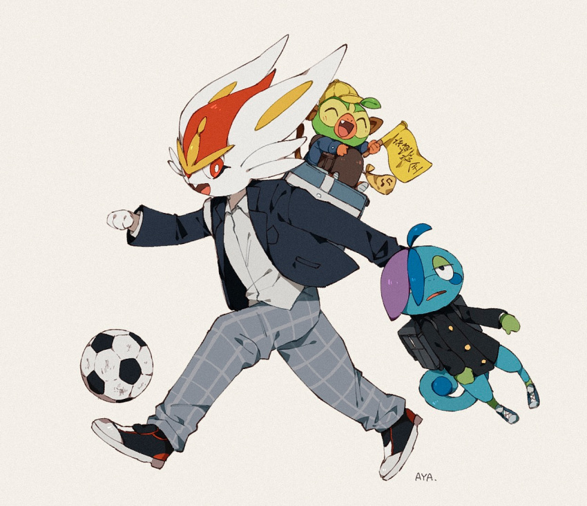 artist_name aya_(ayamenora) bag ball black_footwear black_jacket bright_pupils buttons carrying cinderace clothed_pokemon commentary_request drizzile from_side gakuran gen_8_pokemon grey_pants grookey hat hatted_pokemon holding jacket long_sleeves no_humans open_mouth pants pokemon pokemon_(anime) pokemon_(creature) pokemon_swsh_(anime) red_eyes running school_uniform shoes smile soccer_ball starter_pokemon tongue tooth white_pupils yellow_headwear