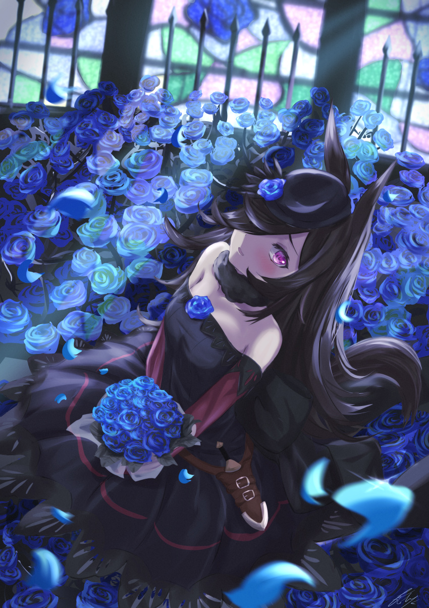 1girl absurdres animal_ears bangs bare_shoulders black_dress black_hair black_headwear blue_flower blue_rose blush bouquet breasts commentary_request dagger dress flower hair_over_one_eye hat hat_flower highres holding holding_bouquet horse_ears horse_girl horse_tail koh_kaede long_hair long_sleeves looking_at_viewer off-shoulder_dress off_shoulder parted_lips purple_eyes rice_shower_(umamusume) rose small_breasts solo stained_glass tail tilted_headwear umamusume very_long_hair weapon