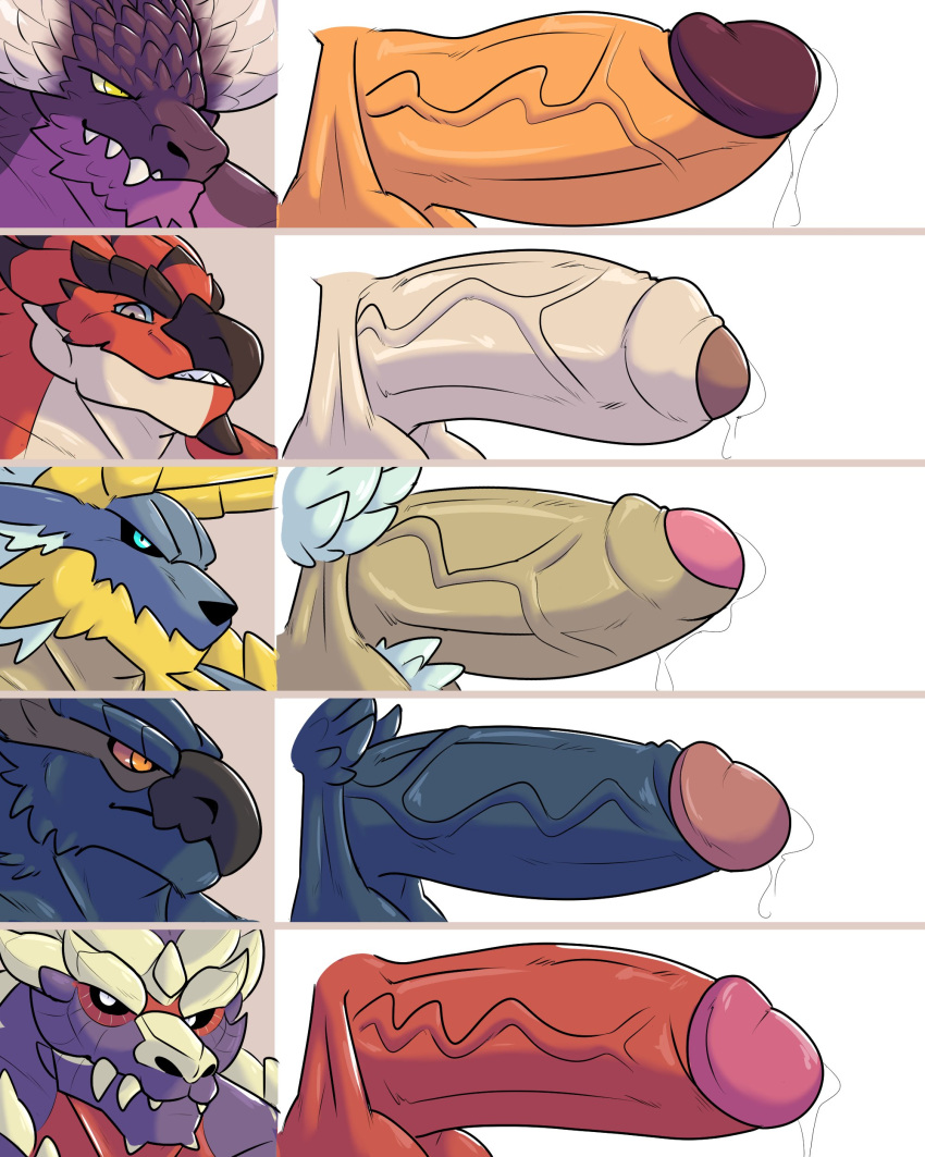 absurd_res balls blue_body blue_eyes blue_penis bodily_fluids capcom castrodour comparing comparing_penis dripping elder_dragon fanged_wyvern flying_wyvern foreskin genital_fluids genitals group hi_res horn humanoid_genitalia humanoid_penis magnamalo male monster_hunter nargacuga nergigante orange_eyes orange_penis penis penis_lineup penis_size_chart penis_size_difference precum precum_drip purple_body rath_wyvern rathalos red_body red_penis scalie uncut vein veiny_penis video_games yellow_eyes zinogre