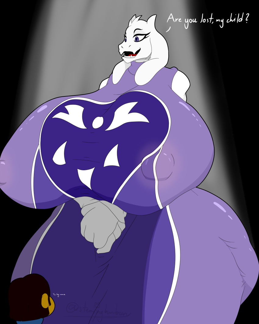 2021 absurd_res anthro big_breasts boss_monster bovid breasts caprine clothed clothing duo english_text eyebrows female fingers fur goat hi_res huge_breasts human hyper hyper_breasts larger_female long_ears male mammal mature_anthro mature_female nipple_outline open_mouth protagonist_(undertale) purple_clothing purple_eyes signature size_difference smaller_male stemingbunbun teeth text tongue toriel undertale video_games white_body white_fur