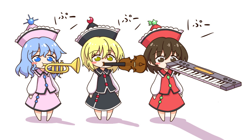 3girls black_dress black_headwear blonde_hair blue_eyes blue_hair blush_stickers brown_eyes brown_hair chibi commentary_request crescent crescent_hat_ornament dress eyebrows_visible_through_hair hat hat_ornament highres instrument keyboard_(instrument) lunasa_prismriver lyrica_prismriver medium_hair merlin_prismriver multiple_girls music pink_dress pink_headwear playing_instrument puffy_sleeves red_dress red_headwear shadow shitacemayo short_hair siblings simple_background sisters star_(symbol) star_hat_ornament touhou translated trumpet violin white_background yellow_eyes you're_doing_it_wrong