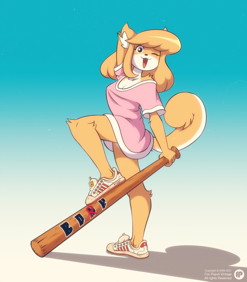 2021 absurd_res anthro baggy_clothing bangs baseball_bat bat_(object) blonde_hair blue_background bonk_(meme) breasts butterscotch_(peargor) canid canine canis cel_shading cleavage clothed clothing colored curled_tail digital_media_(artwork) domestic_dog english_text female footwear fox-pop full-length_portrait fur go_to_horny_jail gradient_background hair hi_res holding_object holding_weapon light lighting mammal meme multicolored_body multicolored_fur one_eye_closed open_mouth pink_clothing pink_topwear plantigrade portrait pose shaded shadow shiba_inu shirt shoes side_view simple_background smile sneakers solo spitz t-shirt text topwear two_tone_body two_tone_fur watermark weapon white_background white_body white_fur white_text wink yellow_body yellow_fur