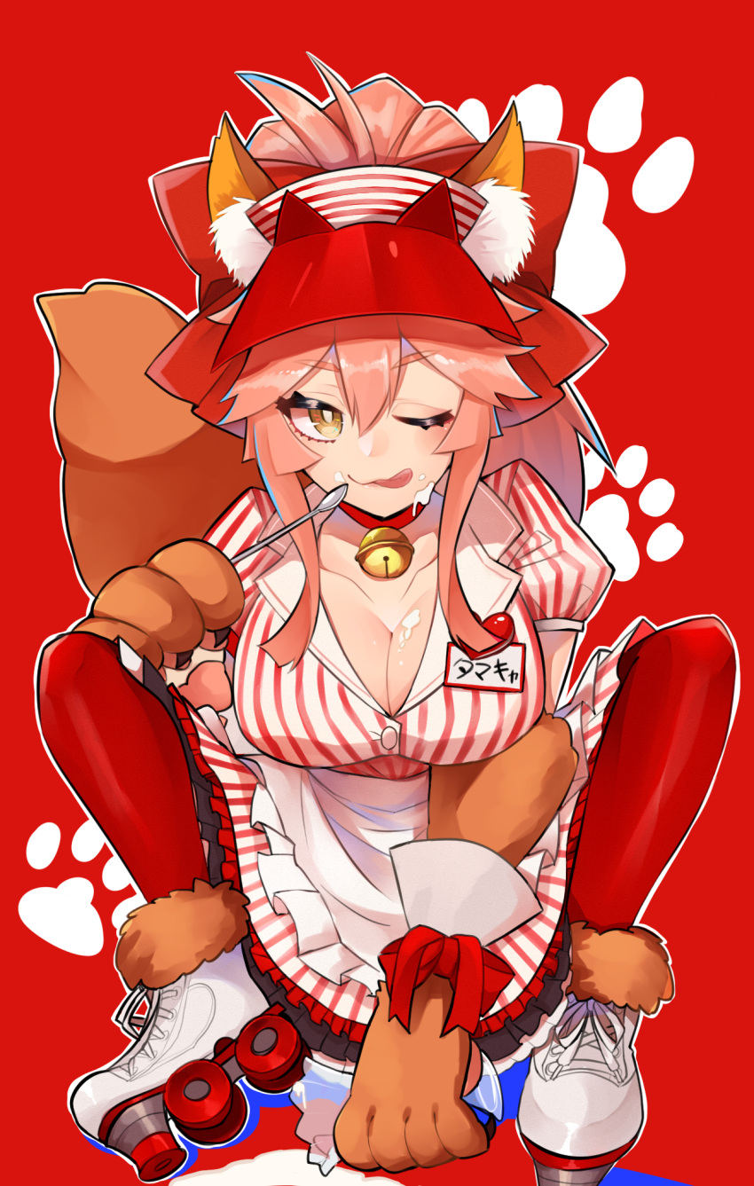 1girl animal_ear_fluff animal_ears apron bangs bell bow breasts cleavage collar dress fate/extra fate/grand_order fate_(series) fox_ears fox_girl fox_tail hair_between_eyes hair_bow highres jingle_bell kubomi_943 large_breasts long_hair looking_at_viewer lostroom_outfit_(fate) neck_bell one_eye_closed pink_hair ponytail red_bow red_legwear roller_skates sidelocks skates smile squatting striped striped_dress tail tamamo_(fate)_(all) tamamo_cat_(fate) thighhighs visor_cap white_apron yellow_eyes