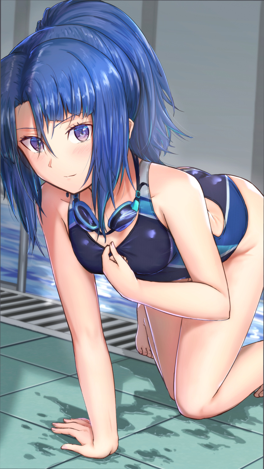 1girl absurdres alice_gear_aegis ass blue_hair bureikubureido competition_swimsuit eyes_visible_through_hair food goggles goggles_around_neck highres legs looking_at_viewer one-piece_swimsuit ponytail pool poolside purple_eyes sidelocks solo swimsuit swimwear takanashi_rei thighs