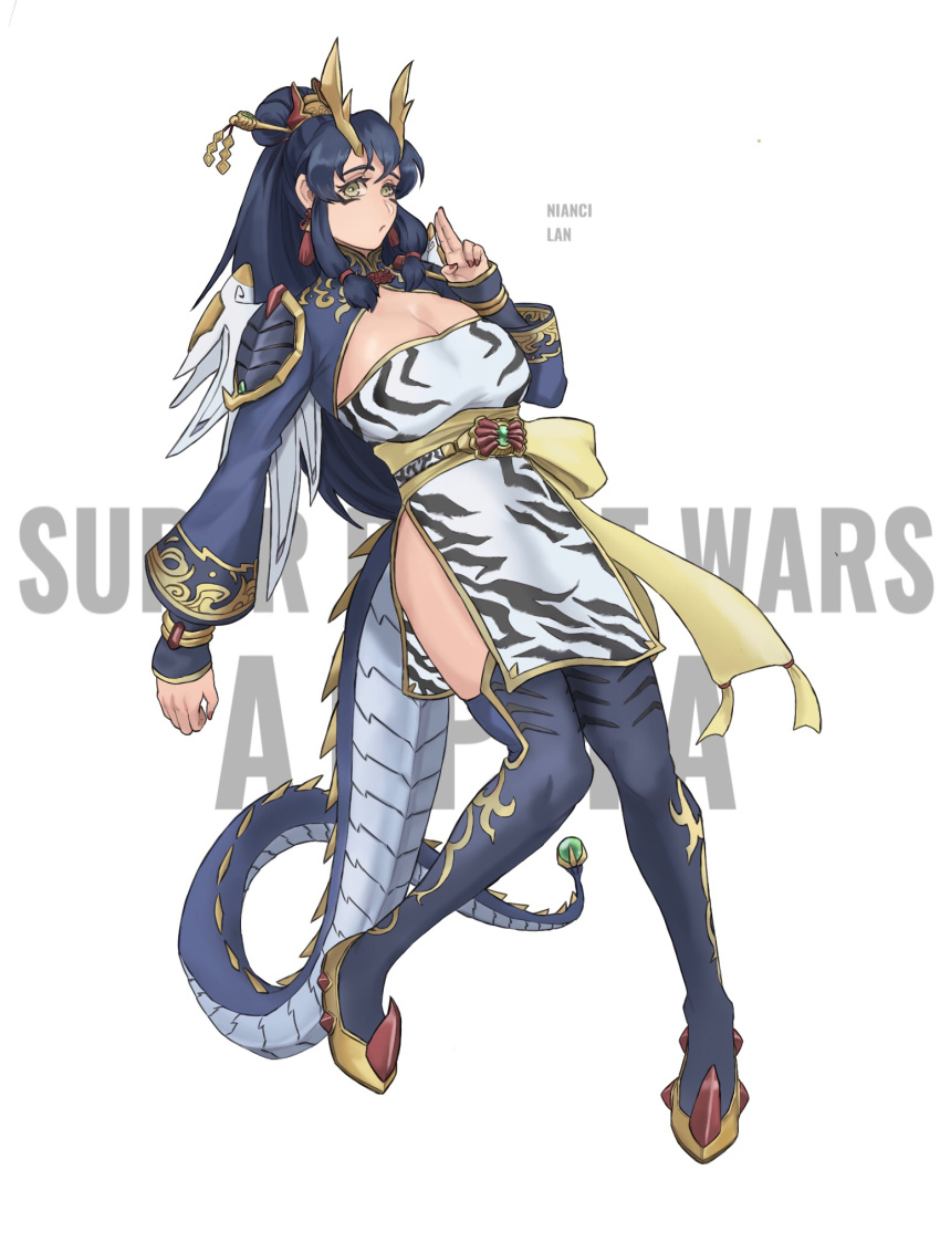 1girl :o animal_print bangs blue_hair breasts chinese_clothes chinese_commentary cleavage cleavage_cutout clothing_cutout dragon_tail dress floating green_eyes hair_behind_ear hair_bun hair_ornament hair_stick hand_gesture highres jinri_shijie leaning_back open_hand personification ponytail ryukooh solo super_robot_wars super_robot_wars_alpha tail thighhighs tiger_print white_dress