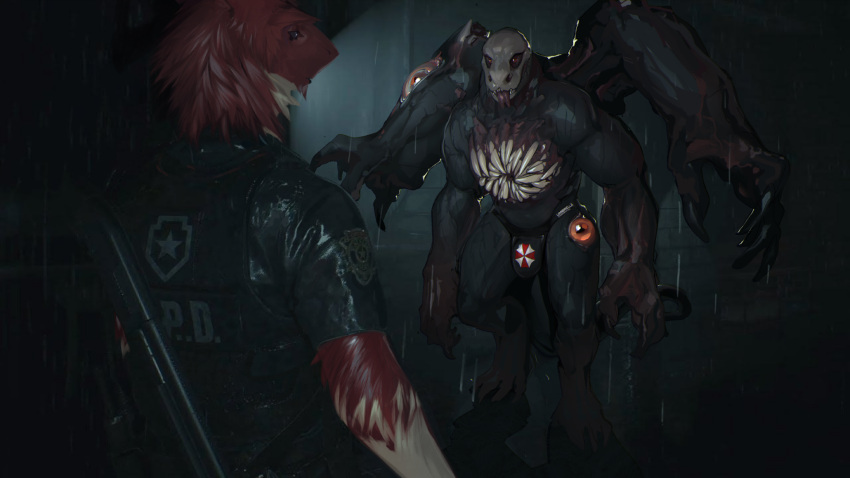2021 4_arms anthro capcom claws clothing duo fangs flashlight flesh_creature g-virus_mutant_(resident_evil) genitals hi_res male monster multi_arm multi_genitalia multi_limb muscular muscular_anthro muscular_male pupils raining raptoral resident_evil sergal sharp_claws sharp_teeth slit_pupils teeth teratophilia tongue undead uniform video_games weapon weapon_on_back william_birkin_(resident_evil) zombie