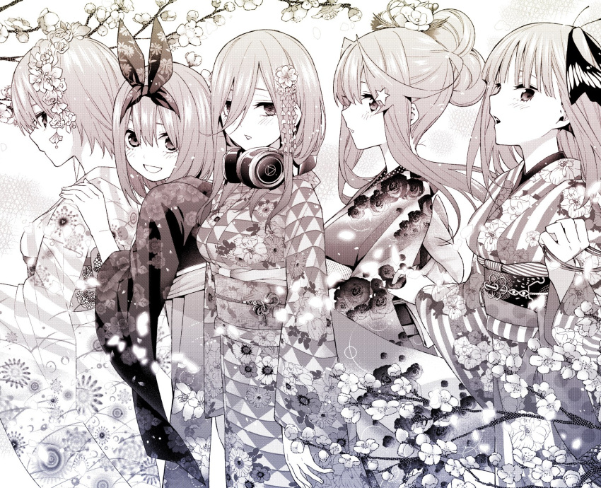 5girls :d :o bangs blunt_bangs blush breasts closed_mouth commentary_request flower from_side go-toubun_no_hanayome greyscale hair_between_eyes hair_flower hair_ornament hairband hand_on_another's_shoulder haruba_negi headphones headphones_around_neck highres holding japanese_clothes kimono long_bangs long_hair long_sleeves looking_at_viewer looking_to_the_side monochrome multiple_girls nakano_ichika nakano_itsuki nakano_miku nakano_nino nakano_yotsuba official_art open_mouth parted_lips sash short_hair siblings simple_background sisters smile standing star_(symbol) star_hair_ornament wide_sleeves yukata