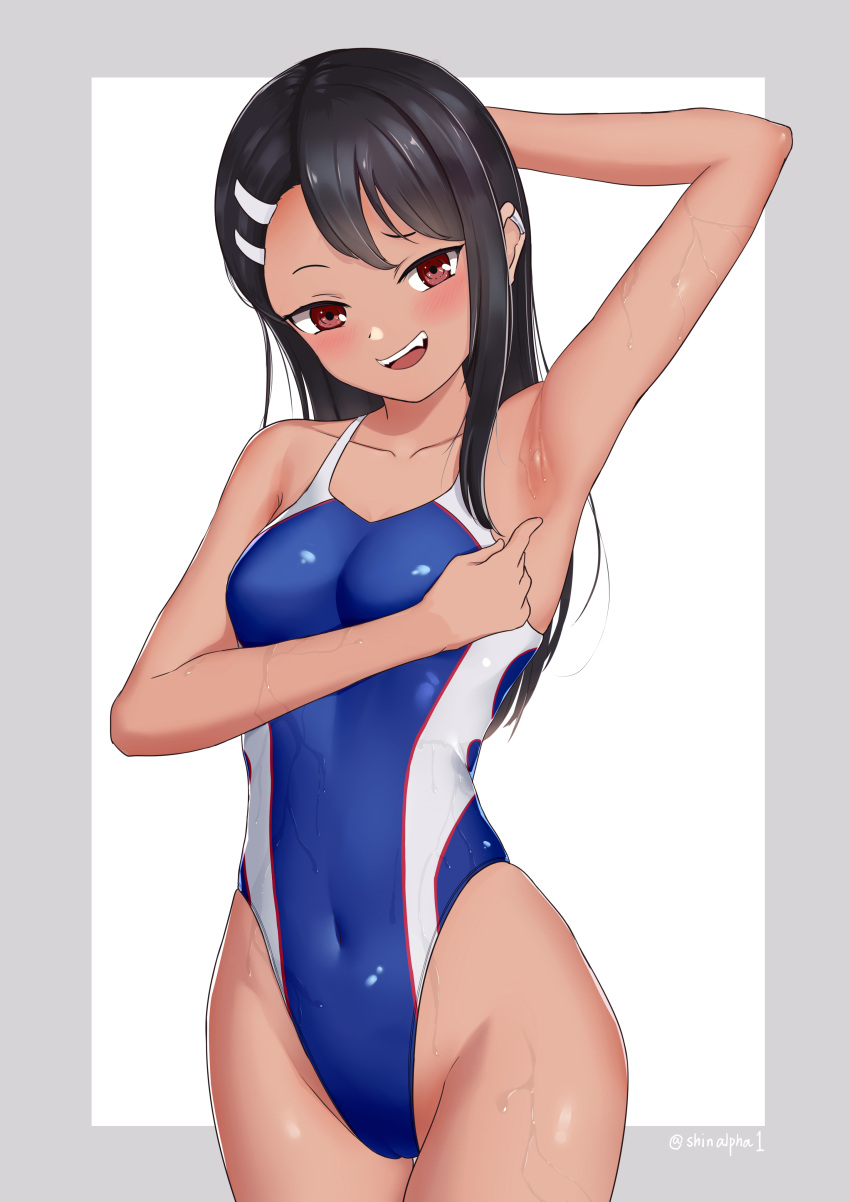 1girl absurdres arm_behind_head armpits bangs black_hair blue_swimsuit blush border brown_eyes commentary_request competition_swimsuit cowboy_shot dark_skin dark_skinned_female ear_clip earrings grey_border hair_ornament hairclip hand_up highleg highleg_swimsuit highres ijiranaide_nagatoro-san jewelry long_hair looking_at_viewer nagatoro_hayase nose_blush one-piece_swimsuit parted_bangs pointing portrait shinalpha shiny shiny_hair sidelocks simple_background smile solo swimsuit swimwear tan wet wet_clothes white_background