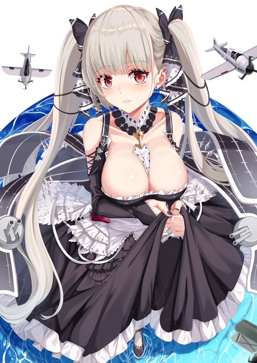 1girl absurdres aircraft airplane azur_lane between_breasts black_dress black_nails breasts cleavage clothing_cutout dress eyebrows_visible_through_hair flight_deck formidable_(azur_lane) frilled_dress frills gatari gothic_lolita hair_ribbon highres large_breasts lolita_fashion long_hair neckwear_between_breasts pantyhose platinum_blonde_hair red_eyes ribbon shoulder_cutout simple_background solo standing standing_on_liquid twintails two-tone_dress two-tone_ribbon very_long_hair