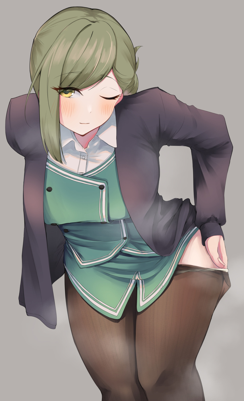 1girl ;) absurdres akinoji_(akiponpon27) asymmetrical_hair black_cardigan blush breasts cardigan folded_ponytail green_eyes green_hair grey_background hand_on_hip highres idolmaster idolmaster_shiny_colors leaning_forward light_smile medium_breasts nanakusa_hazuki office_lady one_eye_closed panties panty_pull pantyhose pencil_skirt pulled_by_self simple_background skirt smile solo steam underwear