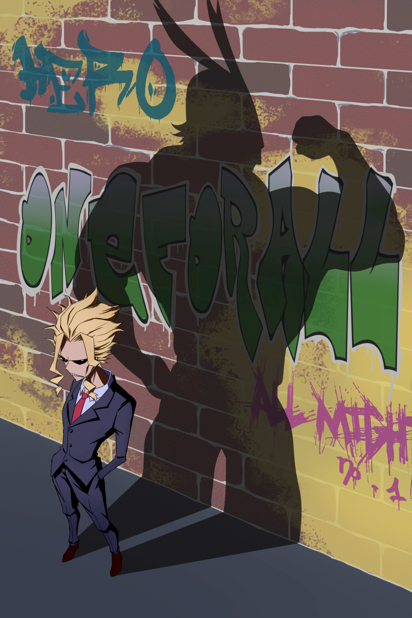 1boy absurdres all_might antenna_hair blonde_hair boku_no_hero_academia brick_wall business_suit collared_shirt different_shadow formal graffiti hair_slicked_back hands_in_pockets highres hqc930 male_focus medium_hair messy_hair necktie shadow shirt solo spiked_hair spray_paint suit wall yagi_toshinori