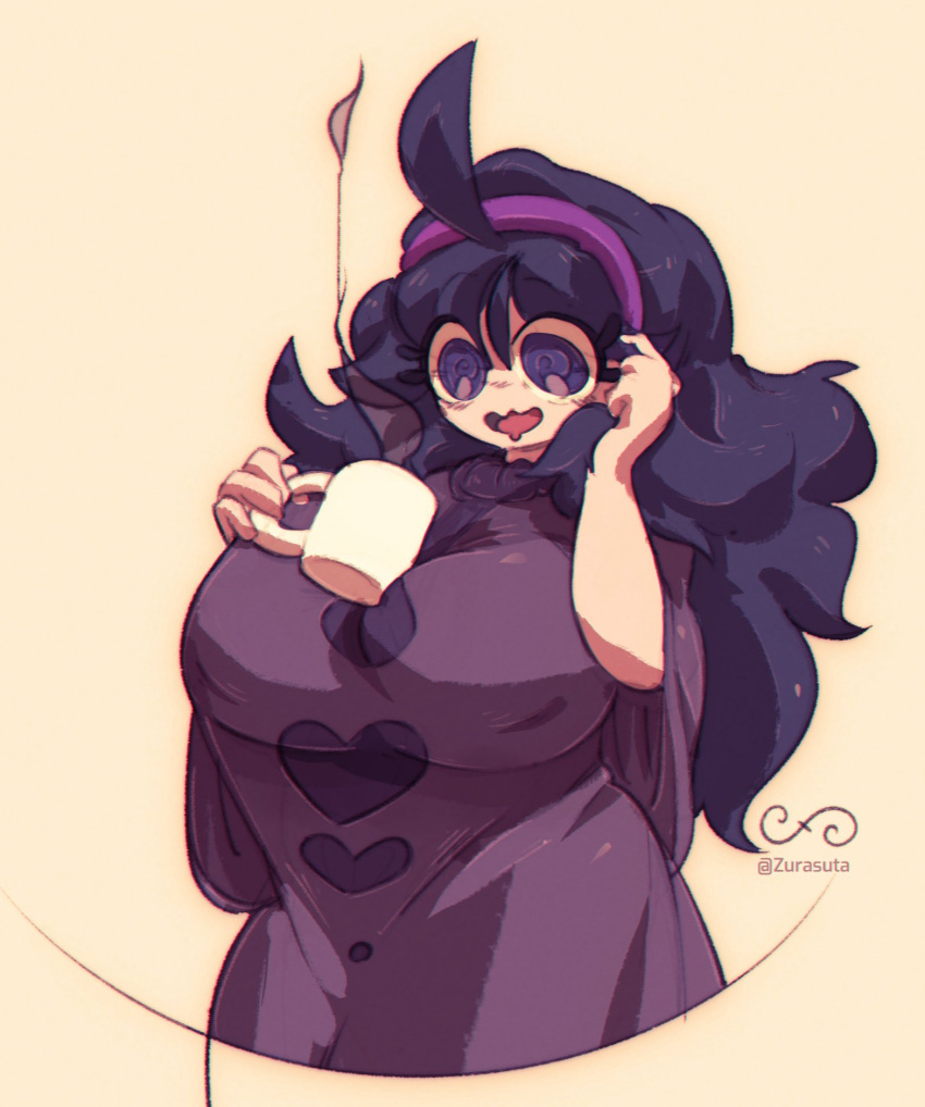 1girl @_@ ahoge artist_name beige_background breasts cowboy_shot cup diadem dress drooling eyelashes hex_maniac_(pokemon) highres holding holding_cup huge_breasts long_hair no_nose pokemon pokemon_(game) pokemon_xy purple_eyes purple_hair shiny shiny_clothes shiny_hair smile solo standing taut_clothes taut_dress wavy_mouth zurasuta